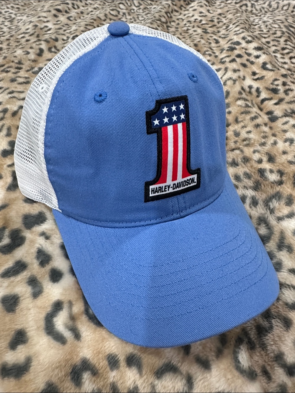 Harley-Davidson Light Blue and White Trucker Hat with USA #1 HD PATCH OS NWT